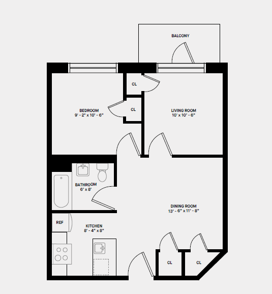 Floor plan for 2 beds, 1 bath, 563 sqft